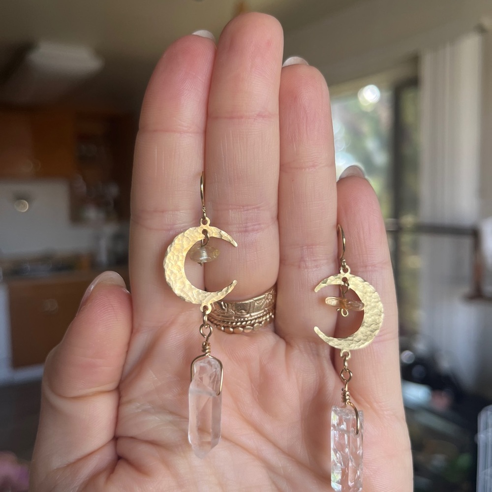 Gold Crescent Moon Earrings with Crystal Accents